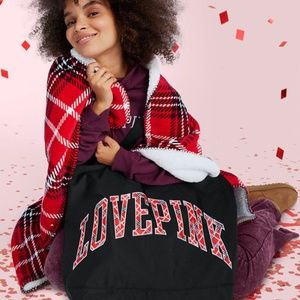 Victoria's Secret NWT Pink Sherpa Plaid Black and Red Blanket & Tote Bag